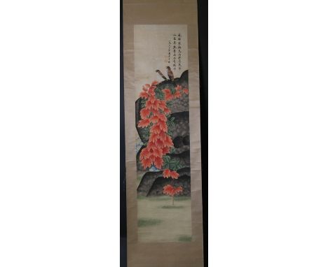 A group of five Chinese scroll paintings on various subjects including flowers and figures, with calligraphy.