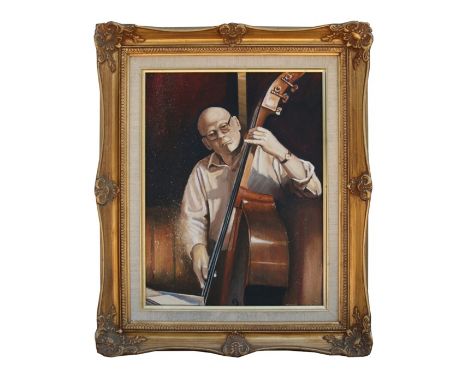 Modern British - Portrait of a Cellist - oil on canvas, framed, 29 by 40cms (11.5 by 15.75ins).