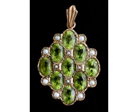 A 9ct gold peridot and seed pearl pendant; together with a 9ct gold chain; an open faced fob watch and a dress ring.(4)