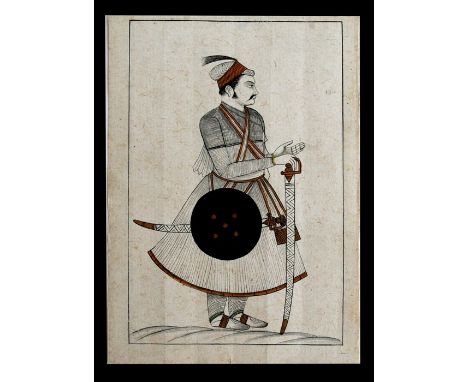 A portrait of a Mughal courtier standing with dhal and talwars, ink and watercolour drawing on paper, 16.8 by 11cms (6.6 by 4