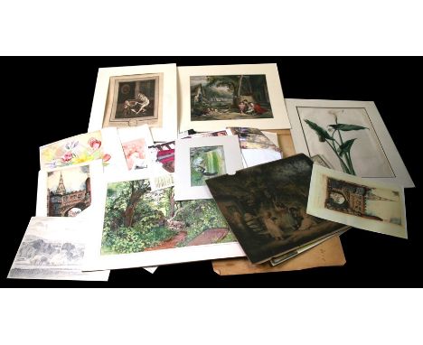 A quantity of various Victorian and later watercolour paintings, prints and photographs to include two 1930's fabric samples 