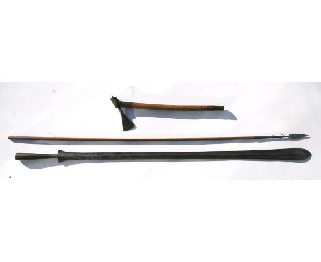 A Republic of Congo Tribal Axe. The wooden shaft has an overall length of 38.5cms (15.125ins) with the axe head being 12.5cms