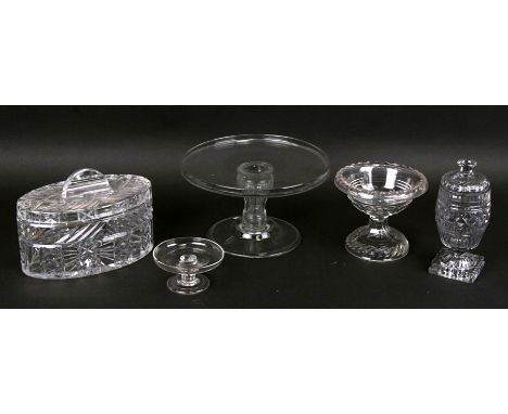 An 18th century glass patch stand; together with a glass comport and other items (5).Condition ReportChip to top rim of patch