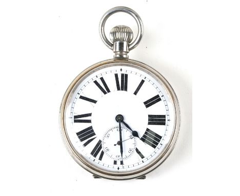 An early 20th century Goliath pocket watch, the white enamel dial with Roman numerals and subsidiary seconds in a nickel plat