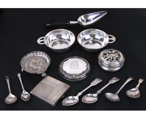 A pair of silver porringers, London 1932, a silver pot pourri pot, London 1910, a Georgian silver caddy spoon together with o