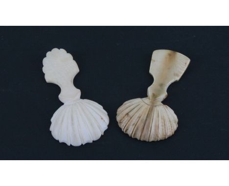 Two 18th century ivory caddy spoons with shell shaped bowls, each 6cms (2.5ins) long (2).