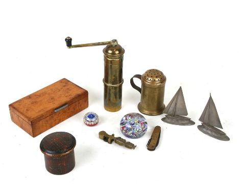 An 18th century brass dredger; together with a burr wood box; a sporting pocket knife, a pair of sovereign scales and other i