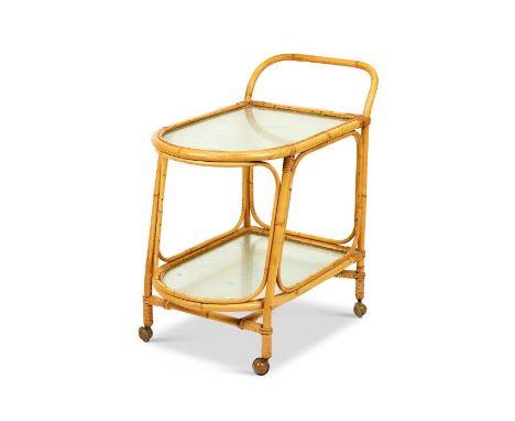 A vintage bamboo trolley&nbsp;
With two ripple glass inset tiers, on castors, 85cm high, 65cm wide.

Provenance:
The Estate o
