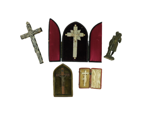 A collection of miscellaneous Religious Artefacts, comprising a cased mother-o-pearl Crucifix, another etched mother-o-pearl 