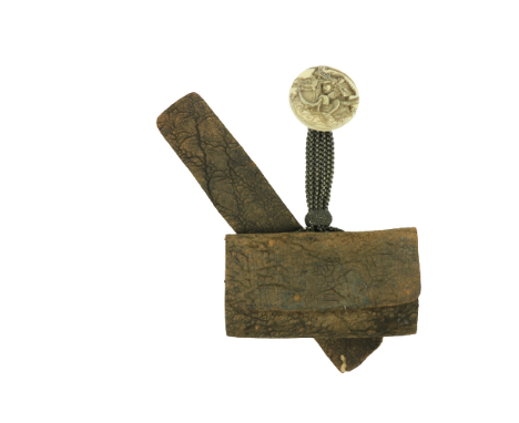 A rare Japanese Tobacco Pouch and Pipe Case, with an ivory two part Kagamibuta of circular form, carved with a Samurai on hor