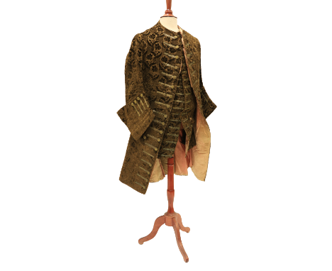 A late 18th Century silk brocade brown Gentleman's Coat, with all over floral pattern, two side pockets with flaps and double