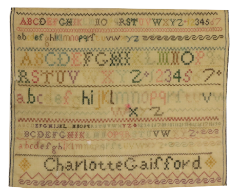 Charlotte Gaisfordÿ  A small 19th Century Needlework Sampler, with alphabet and numbers, in various coloured threads and prin