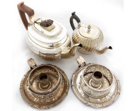 A small spiral reededÿand silver plated 'bullet' Teapot,ÿan oval plated half reeded Teapot, and a pair of silver plated Chamb