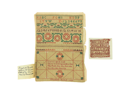 A very rare George III Needlework Sampler,ÿby Elizabeth Bushell 1765. Elizabeth Bushell, afterwards Gaisford, mother of Thoma