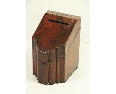 A George III period inlaid mahogany Knife Box, with slope top and serpentine front, adapted as a post box, approx. 14" (36cms