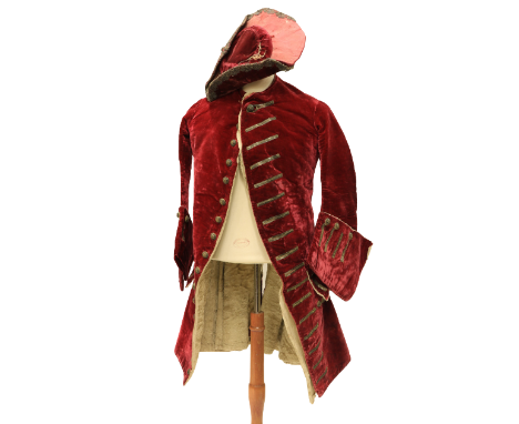 A rare late 18th Century dark red velvet Gentleman's Jacket, lined with fur and felt, two flap over pockets and numerous scar