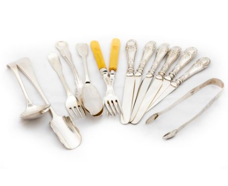 A miscellaneous collection&nbsp;of silver and silver plate,&nbsp;comprising a George III bright cut English Sugar Tongs; two 