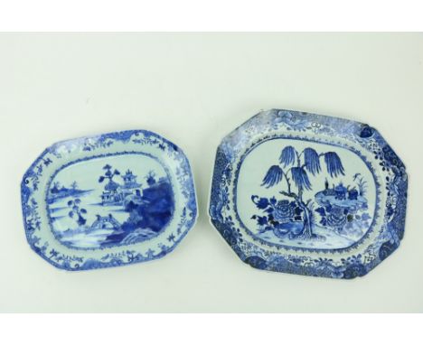 A Kangxi blue and white Chinese porcelain Platter, with willow tree design, 16" (41cms), and another smaller landscape ditto 