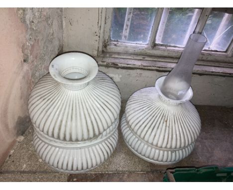 A set of 5 old reeded milk glass Lamp Shades, another glass Lamp Chimney and a small shade, and a box of old lamp chimney Gla