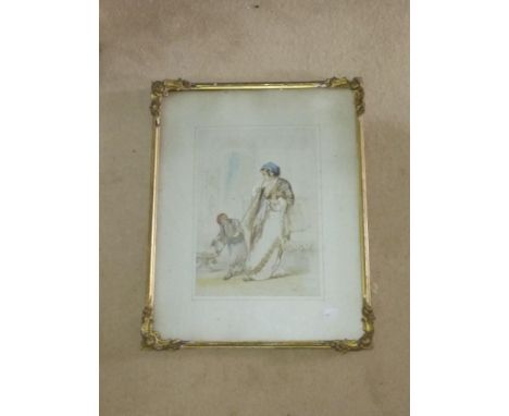 19th Century Italian Schoolÿ  Watercolour: "Middle Eastern Figure smoking Shisha Pipe standing by a Brazier," approx. 14 1/2"