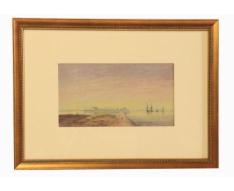 19th Century Irish Schoolÿ  Watercolour:ÿ "The Pigeon House, Dublin," seascape scene with figures and buildings at sunset, ap