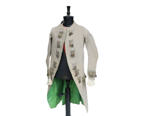 A late Georgian Gentleman's fawn Jacket, adorned with ribbon bow decoration with wire bullion drops and lace cuffs, and lined