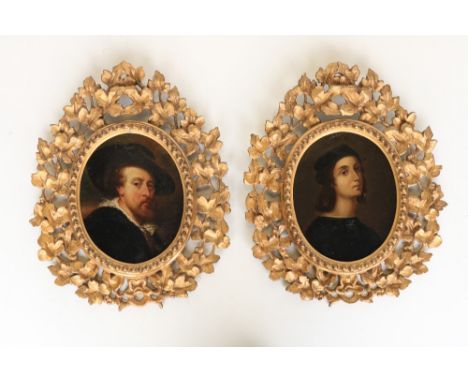 After Rubens &amp; Raphaelÿ  A pair of oval Self Portraits each oil on board, "Grand Tour," in Florentine carved gilt wood fr