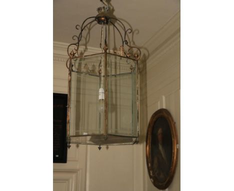 A very fine large octagonal brass framed Georgian Hall Lantern, with etched glass panels (also crimson glass panels) the "S" 