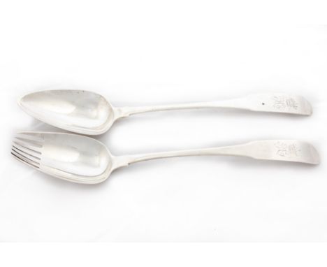 An Irish George III period fiddle pattern and monogrammed Spoon Fork Server, by Samuel Neville, Dublin 1802, together with an