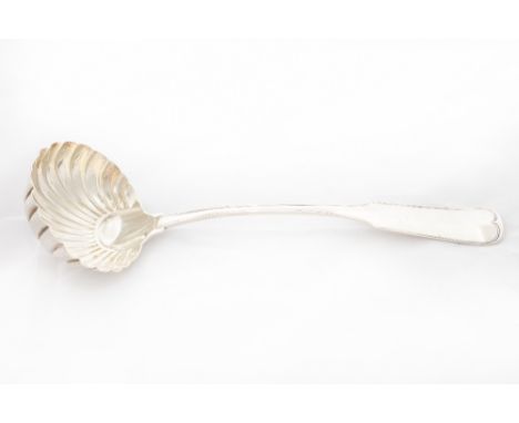 An Irish George III fiddle and thread&nbsp;pattern crested Soup Ladle, by John Power, Dublin 1794, with shell bowl, 203grs. (