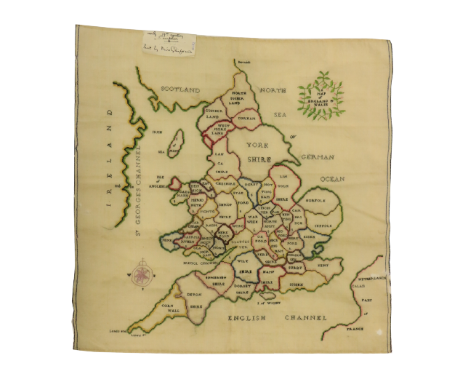 A good 19th Century Sampler Map, by Miss Gaisford, England and Wales, naming all the counties (shires) in beautiful text, 21"