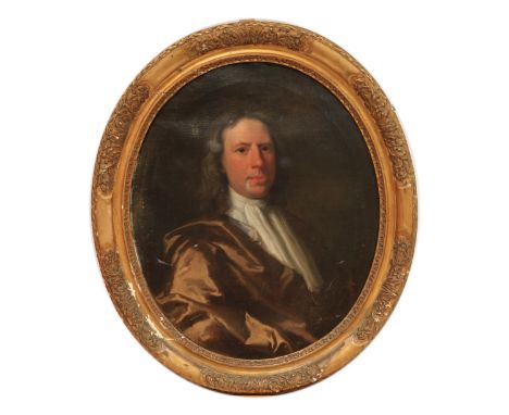 Late 17th Century English School&nbsp;  "Portrait of a Gentleman," O.O.C., oval, half length depicting man in brown velvet co