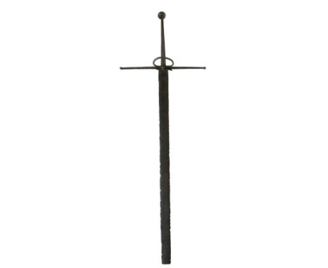 The Great Sword of Howthÿ  An early antique steel two hand Sword, with round pommel on a 21" (53cms), upward tapering tang th