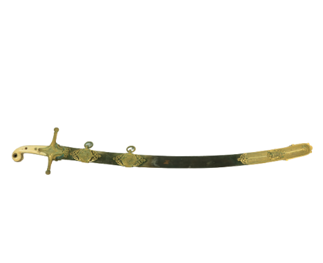 A very fine 19th Century Mameluke cross hilted Sabre,( Naval ) the ivory grip with leaf cast brass quillion and double langet