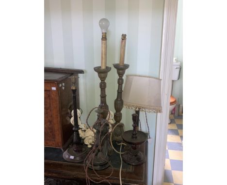 A pair of tall electrified 19th Century pewter Table Lamps, a turned wooden 19th Century Table Lamp, a pair of painted two br