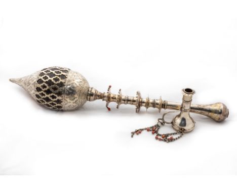 A rare Indian white metal and coconut&nbsp;Opium Pipe, in the Hindu style, 19" (48cms). (1) 