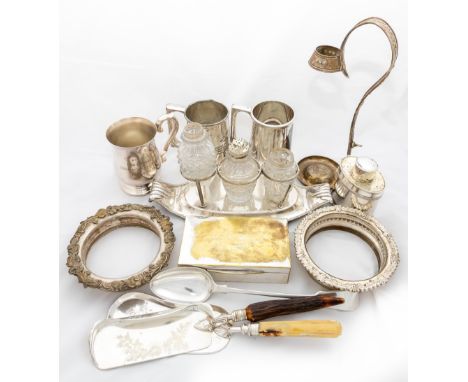 A collection of silver plated Trophy Cups &amp; Tankards, two silver plated Wine Coasters, a plated oval Tea Caddy, an early 