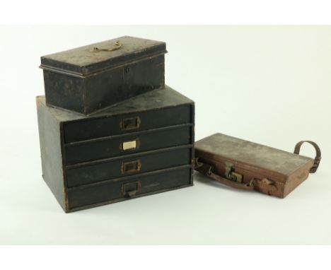 Three old rectangularÿmetal Boxes, a leather Collar Case, a desk top leather bound Chest, a leather Cartridge Case and one ot