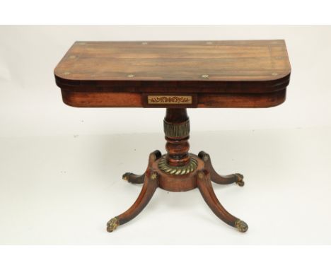 A fine Regency periodÿbrass inlaidÿrosewood fold-over Card Table, attributed to George Oakley, the rectangular top with round