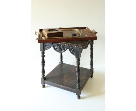 A 17th Century style square oak two tier Table, on turned supports, 22" (56cms), a rectangular inlaid mahogany Tray with two 