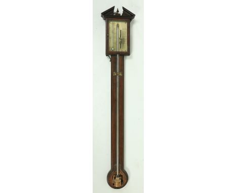 A good late George IV mahogany Stick Barometer, apparently unsigned, with divided pediment and silvered dial inside a glass d