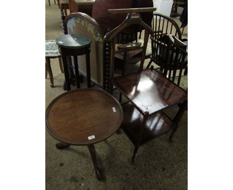 MAHOGANY FRAMED CIRCULAR TOPPED TABLE WITH TURNED COLUMN ON A TRIPOD BASE TOGETHER WITH A BEECHWOOD FRAMED GENTLEMAN'S STAND 