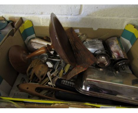 BOX MIXED TREEN, SILVER PLATED ENTRE DISH, FLAT WARES ETC   