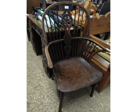 EARLY 19TH CENTURY ELM SEATED STICK AND WHEEL BACK WINDSOR ARMCHAIR   