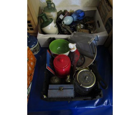 TWO BOXES MIXED LIQUOR DECANTERS, ODDMENTS, SILVER PLATED BISCUIT BARREL ETC   