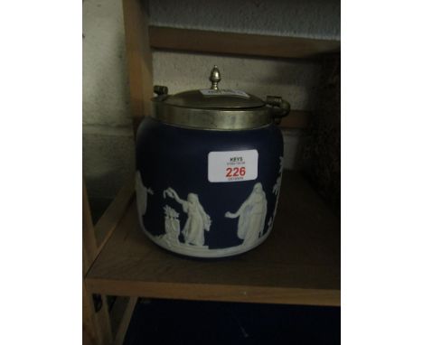 WEDGWOOD BLUE JASPER BISCUIT BARREL WITH SILVER PLATED LID AND SWING HANDLE   