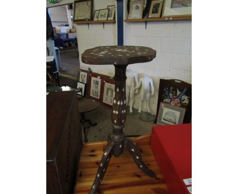 GOOD QUALITY MOTHER OF PEARL INLAID MOORISH TABLE WITH HEXAGONAL COLUMN ON A TRIPOD BASE   