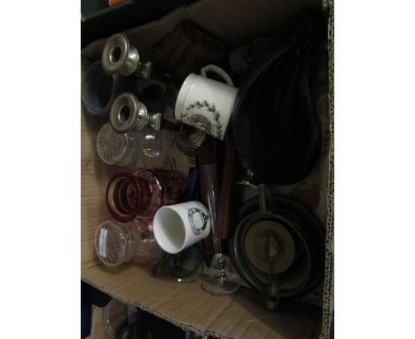 BOX ASSORTED SILVER PLATED CANDLE STICKS, GLASS WARE ETC   