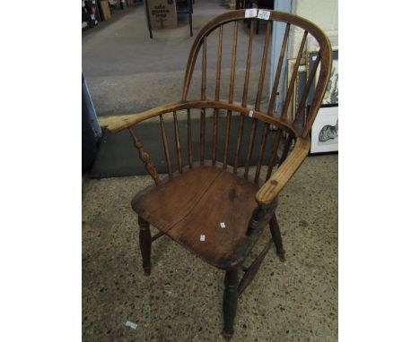 18TH CENTURY ELM HARD SEATED STICK BACK CHAIR WITH SPINDLE SUPPORTS SUPPORTED ON AN H STRETCHER   