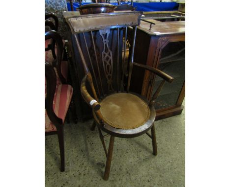 BEECH WOOD FRAMED ARMCHAIR WITH CIRCULAR SEAT AND STICK AND SPLAT BACK  